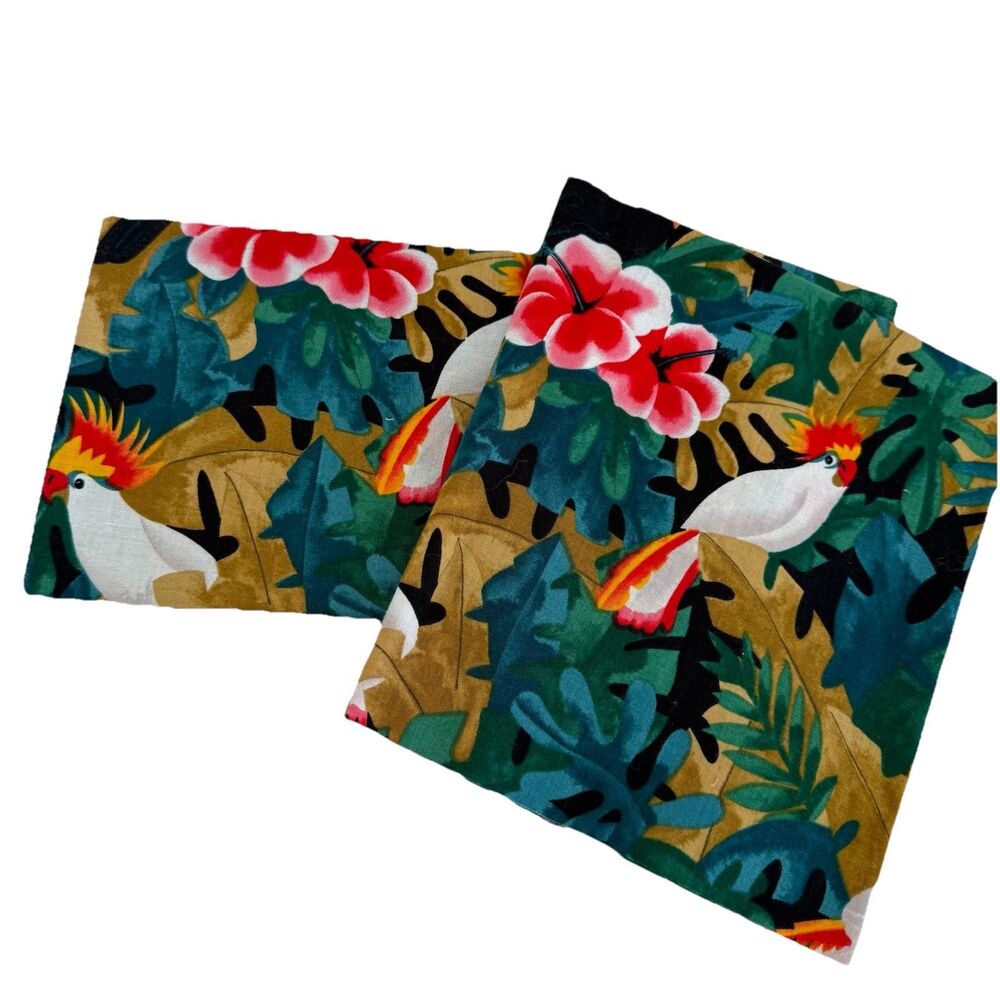 Vtg Alexander Henry Tropical Birds Fabric 2 Remnants Cockatoo Tucan Hibiscus OOP